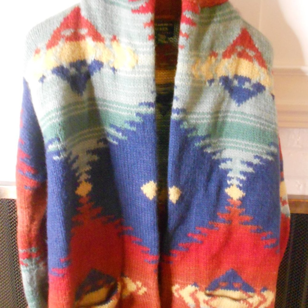 Vintage Rare 1980s Ralph Lauren Hand Knit Southwest Navajo Wool Sweater Petite